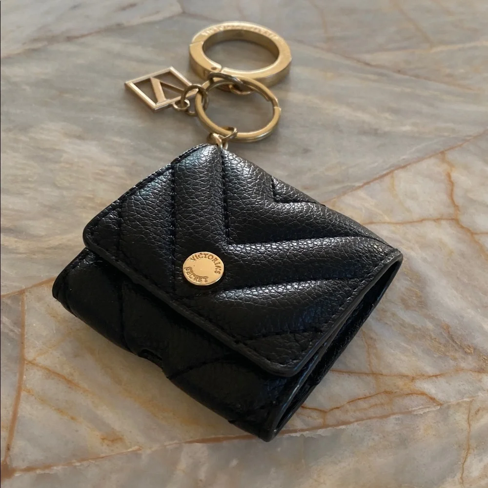 Victorias Secret Black Quilted Mini Pouch Keychain Gold V Logo Charm Case